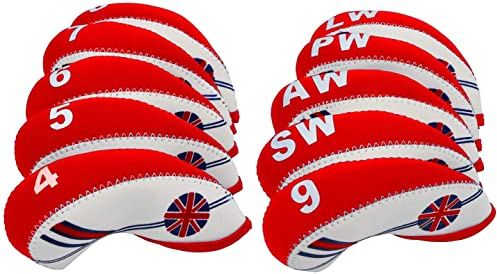 FLTRADE 10pcs/set Golf Iron Covers Head covers UK Flag Patterned Protective Case Headcover For Most Irons Brand Titleist Callaway Ping Taylormade Cobra Etc,White & Red