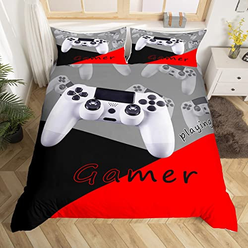 Gamer Duvet Cover White Video Game Gamepad Bedding Set for Boys Girls 3D Gaming Comforter Cover Modern Game Controller Bedspread Cover Red Black Grey Double Size Quilt Cover 3Pcs