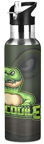 Vnurnrn Dessin Animé Animal Vert Crocodile Bouteille d'eau Isotherme avec Paille en Acier Inoxydable Gourde 600ML, Sans Bpa Gourdes Eau pour Enfant Sport Randonnée École Bureau