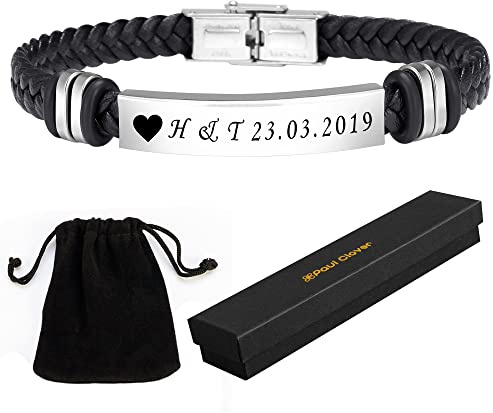 Personalised Leather Bracelets for Men | Silver Mens Bracelets with Gift Box and Velvet Pouch - Customised Gifts for Husband, Boyfriend, Brother, Dad