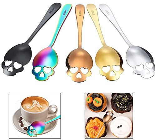 304 Edelstahl-Löffel für Zucker, Tee, Totenkopf, Kaffee-Rührlöffel, geschlitzter Metalllöffel, Espressolöffel für Dessert, Kuchen (Set mit 5 gemischten Farben)
