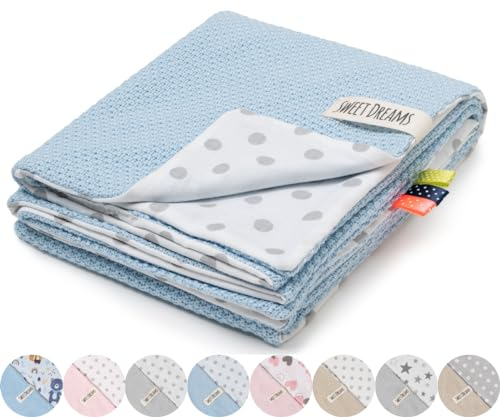 Mikos* Babydecke Leichte Baumwolle Kinderdecke ohne Füllung, Kindergarten Baumwolldecke für Mädchen, Junge, Neugeborenen Kinderwagen Babyschale Kuscheldecke 75x100 (1040) (Blau/Graue Tupfen)