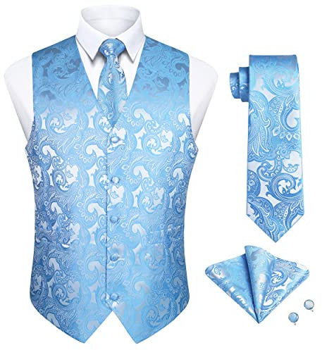 Enlision Herren Paisley Weste Floral Jacquard Krawatte Einstecktuch Einstecktuch Manschettenknöpfe Hochzeit Party Business Fit Weste Anzug Set Blau Weste 2XL