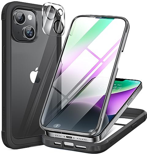 Miracase Glass Case Compatible with iPhone 14 Plus Case 6.7 inch, Built-in Glass Screen Protector + Camera Lens Protector, 2023 Upgrade Full Body Rubber Bumper Clear Back Case Cover (Black)