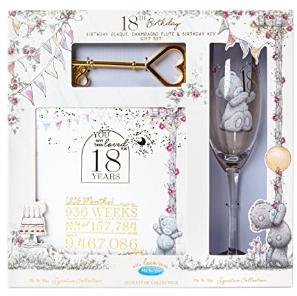 18th Birthday Plaque Glass & Key Me to You Gift Set, Blue,Gold,Grey