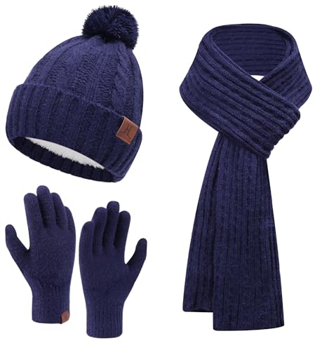 Bequemer Laden Damen Winter Warm Beanie Mütze Touchscreen Handschuhe Lang Schal Set mit Fleece Gefüttert, Thermo Wintermütze Strickmütze mit Bommel Schals Winterhandschuhe Frauen Geschenk, Marineblau