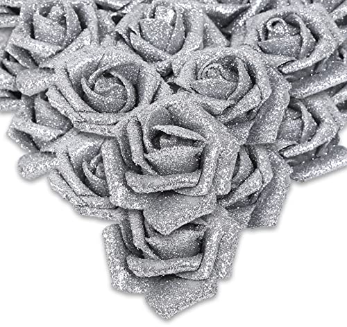 IPOPU Silberfarbene Rosen, künstliche Blumen, 50 Stück, Glitzer-Blumen, Schaumstoffrosen mit Stiel, für selbstgemachte Hochzeit, Brautstrauß, Zuhause, Party, Weihnachtsdekoration (Silber)