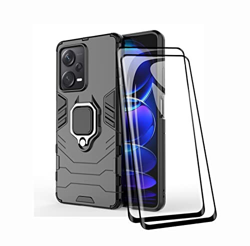 TEYYOS Funda + [2 Piezas] Protector de Pantalla para Xiaomi Redmi Note 12 Pro Plus/Pro+ 5G, TPU/PC Antigolpes Armor Protección Carcasa [360° Soporte] con 9H Dureza Vidrio Templado Protector, Negro
