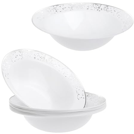 Pack of 10 White and Silver Plastic Small Party Bowls - Silver Dots Sparkle Effect Party Plates Great for Weddings, Parties, Picnics and Events (5oz Bowls)