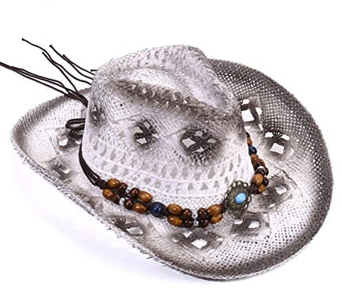 Syangkaitian Chapeau de cowboy en paille pour femme et homme, chapeau de cowboy occidental, chapeau de cowboy en paille pour homme et femme, chapeau de soleil creux respirant à large bord avec bande d