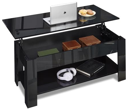 Blisswood High Gloss Coffee Table With Storage Lift Up Coffee Table For Living Room Wooden Coffee Tables With 1 Shelf Large Hidden Storage Lift Top End Tea Table for Living Room Furniture Black