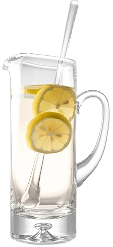 Glass - Pitcher with handle - With Spout - Handmade Straight Sided - Ice Lip - Bubble design on base - with Glass Stirrer - 40 oz. - 10 H - by Barski - Made in Europe