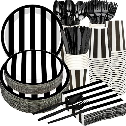 175Pcs Black and White Striped Party Supplies,Black White Tableware Set 9& 7Black White Striped Paper Plates Napkins Cups Knives Forks Spoons for Black White Birthday Party Decorations |Serve25