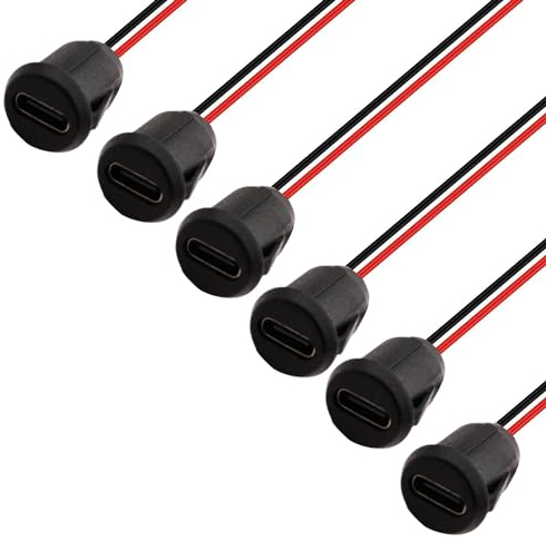 RUNCCI-YUN 6pcs USB C Type-C Female Socket 2 Wire Cable 5V 3A USB Type C Power Pigtail Panel Mount Cable Waterproof USB Type-C Charging Port Soldering with Card Buckle Round Black