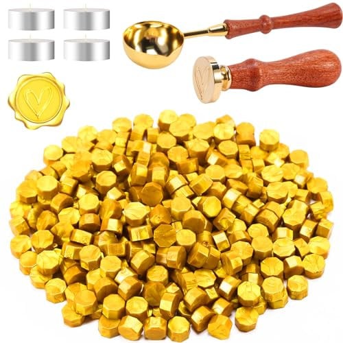 Foonii 300 Stück Siegelwachs Perlen Set Wachssiegel Stempel mit 1 Siegelstempel, 1 Schmelzlöffel, 4 Teelichte | Siegellack Perlen Set für Umschlag/Einladungen/Karten/Geschenk (Herz,Gold)