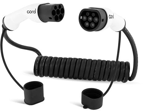 Cord Type 2 to Type 2 EV Coiled Charging Cable, 32amp, 22kW, 5 Metre, Three Phase, Black & White