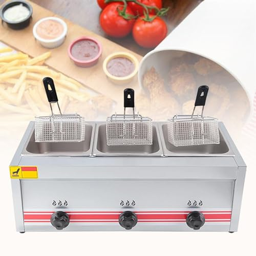 Friteuse Gaz Professionnelle, Friteuse Commerciale En Acier Inoxydable Avec Couvercle Thermostat De Sécurité Friteuse, Réglage Manuel De La Température Facile à Nettoyer,Triplecylinder10l+10l+10l