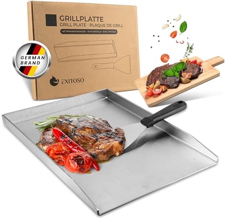 Exitoso Grillplatte 30x40cm |Plancha Grillplatte mit Grillspachtel | Grillplatte Gasgrill aus dickem & rostfreiem Edelstahl | 4mm Dicke Plancha Gasgrill | Universalgröße Plancha