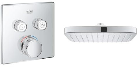 GROHE Grohtherm SmartControl - Concealed Square Thermostat for Shower or Bath (2 Valves & Vitalio Comfort 250 - Cube Shower Head with Relaxing Rain Spray (Anti-Limescale System, Min.