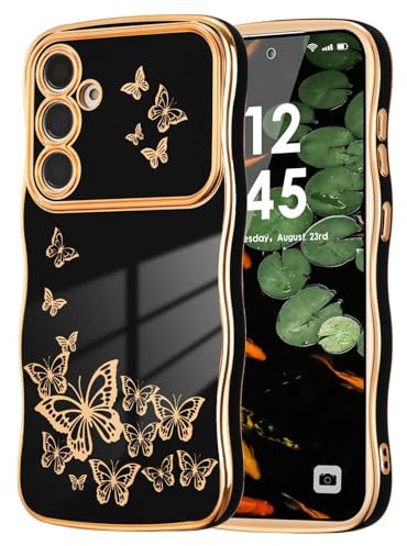 ZTOFERA Hülle für Samsung Galaxy S23 FE, Lockige Wellen Form Luxus Schmetterling Hülle, Kameraschutz Anti-Kratzer Schutzhülle für Samsung S23 FE - Schwarz