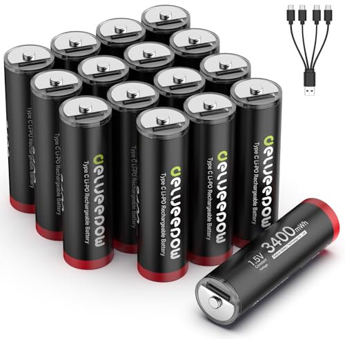 Delyeepow 1.5V USB-C Batterie AA ricaricabili 3400mWh, Pile Ricaricabili AA Litio 1500 Cicli con Cavo USB-C, 16 pezzi