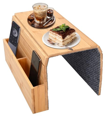 Sofa Tablett Armlehne Sofatablett mit Getränkehalter Armlehnen Tablett aus Holz Couch Ablage Faltbar Fernbedienung und Handy-Organizer Rutschfestes Sofa-Regal