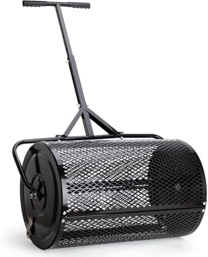 YOSHIKO Épandeur de compost de 61 cm avec poignée en forme de T pour planter des semis, épandeur de maille métallique durable pour l'entretien de la pelouse et du jardin, rouleau d'épandeur de fumier