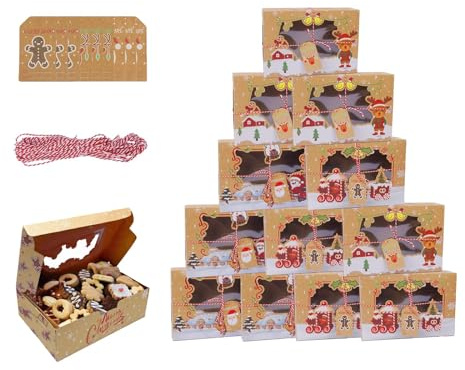 HO2NLE 12Pcs Christmas Cookie Boxes Kraft Paper Gift Treat Candy Boxes with Window Xmas Cake Cupcake Bakery Box with Twine String & Tags for Chocolate Sweets Holiday Xmas Party Favor Supplies