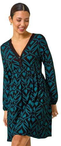Roman Stretch Jersey Dress for Women UK - Ladies Gathered Waist A Line Swing Skater Fit & Flare A Line Winter Autumn Knee Length V-Neck Casual Smart Cocktail Party Going Out - Blue Noir - Size 20