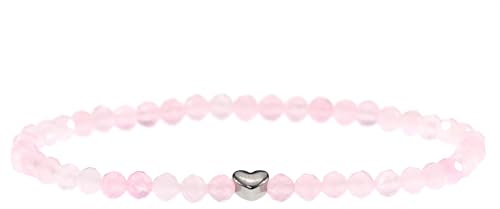 LAKADA Echtes Rosenquarz Edelstein Armband mit facettierten 4mm Perlen und Edelstahlherz Heilstein Schutzstein Edelsteinarmband Glücksbringer Talisman Geschenk (Rosenquarz, 18CM, S)