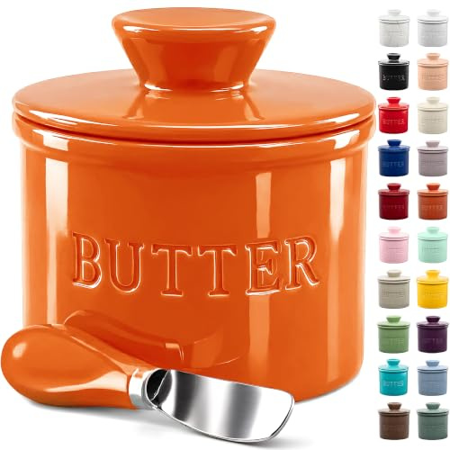 Zulay Kitchen Beurrier en forme de cloche avec couvercle pour plan de travail avec ligne d'eau et couteau épandeur, beurrier français en céramique pour beurre frais, doux et tartinable, orange