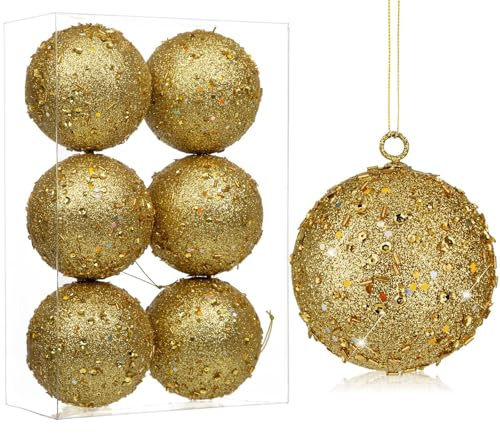 Set di 6 palline decorative per albero di Natale, 8 cm, con glitter olografici, decorazioni delicate per albero di Natale, matrimoni di Natale, oro
