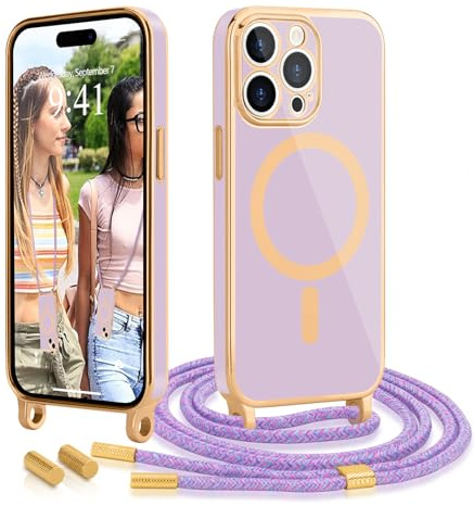 Wirvyuer Handykette für iPhone 14 Pro Magnetisch Hülle mit Band,Lavendel | Kompatibel mit MagSafe,Handyhülle mit Kordel Verstellbar,Galvanik Silikon Case,Magnetisch Schutzhülle mit Kette zum Umhängen