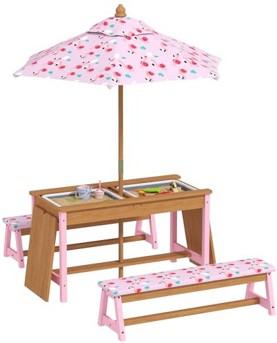 AIYAPLAY Kids Picnic Table, Wooden Children Garden Table and Bench Set with Removable & Foldable Umbrella, Cushions, Storage Boxes, Flamingo Theme Outdoor Furniture for Boys Girls, Pink