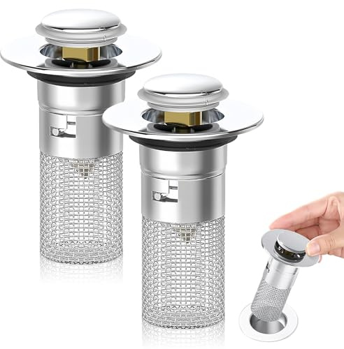 QZDAFFIC 2Pcs Stainless Steel Kitchen Sink Plug, Pop Up Sink Strainer with Basket 34-40mm Drain Hole Universal Hair Catcher for Shower Drain Bathroom Bathtubs