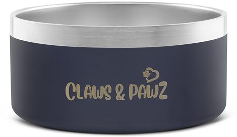 Claws & Pawz PREMIUM stainless steel insulated dog bowl, pet bowl, pet feeder, Made from 304 stainless steel, durable & long lasting, Non slip rubber base, Dishwasher Friendly (Navy Blue, 32oz)