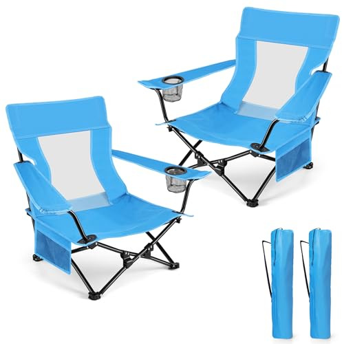 HaSteeL Faltbarer Strandstuhl 2er Set, Faltbare Blaue Campingstühle für Draußen, Niedriger Strandstuhl Tragbar für Erwachsene Angeln, Picknick, Grillen im Freien, Reisen, Sport, Getränkehalter