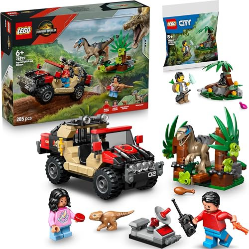 Lego Jurassic World Raptor: Verfolgungsjagd mit dem Geländewagen - 76972 Lego Raptor mit Polybag-Geschenk, Jurassic Park Set Dinosaurier ab 7 Jahre - Neuheiten 2025