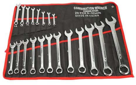 Beufee 20Pcs Metric Combination Wrench Set 6-32mm, Spanner Set Cr Vanadium Steel Portable Large Opening Star Double End Wrench Set with with Roll Up Pouch for Repair Maintenance