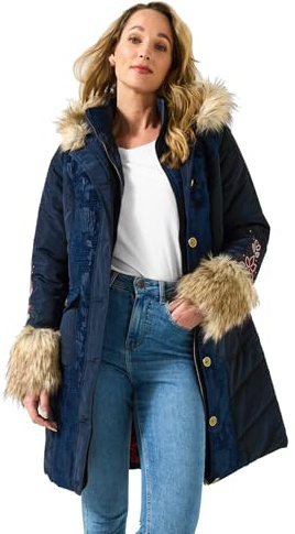 Joe Browns Female Navy Parka with Jacquard Panels & Faux Fur, Regular, Blue