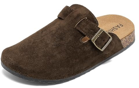 Suede Clogs Women Leather Mules Men Soft Cork Footbed Adjustable Buckle with Arch Support Closed Toe Sandals Potato Shoes Anti Slip Unisex Dark Brown