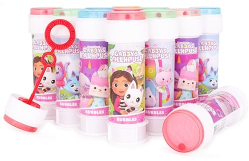 Toyland® Lot de 12 Bulles Maison de poupée Gabby avec Baguettes, Solution 60 ML et Couvercle Labyrinthe Fantaisie - Jouets pour Argent de Poche et Pochettes Surprises