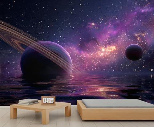 Cosmic Planet Wall Mural Purple Galaxy Starry Sky Mural Fantasy Space Wallpaper Sci - Fi Galaxy Wallpaper for Living Room Bedroom 200 x 140 cm