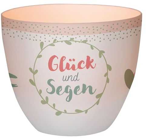 LichterZeit „Glück und Segen Windlicht aus Porzellan: Teelichthalter mit farbigem Aufdruck in Geschenkverpackung, im Format 9 x 8 cm. Ideal als kleines Geschenk