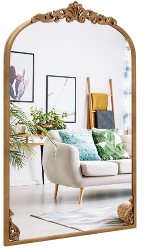 COSTWAY Barock Spiegel Gold, 61 x 90 cm, Wandspiegel Bogen mit Metallrahmen, Bogenspiegel Antik, dekorativer Spiegel für Kamin, Wohnzimmer & Eingangsbereich