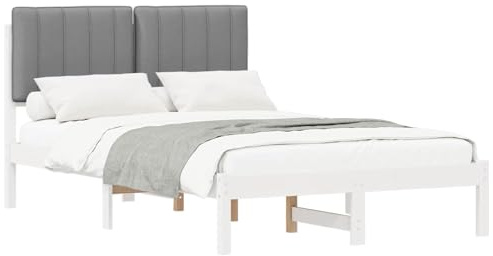 vidaXL Bettgestell mit gepolstertem Kopfteil Weiß und Hellgrau, Moderner rechteckiger Bettrahmen, gepolsterter Kopfteil, aus massivem Kiefernholz, stylisches Möbel für Dein Schlafzimmer