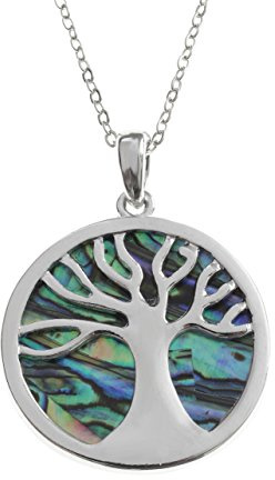 Kiara Jewellery Reversible Celtic Tree Of Life Pendant Necklace Inlaid Both Sides With Bluish Green Paua Abalone Shell on 18 Trace Chain. Non Tarnish Plating