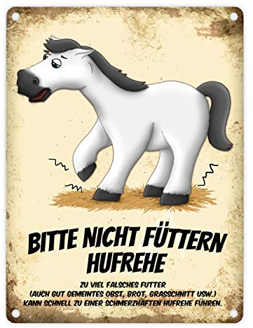 Metallschild mit weißes Pferd Motiv und Spruch: Bitte nicht füttern - Hufrehe