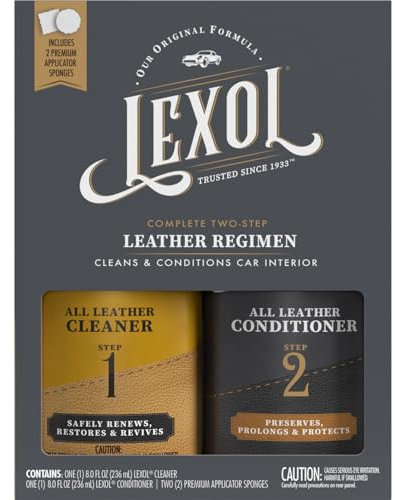 Lexol Leather Conditioner and Leather Cleaner Kit, Use on Car Leather, Furniture, Shoes, Bags, and Accessories, Trusted Leather Care Since 1933, 8 oz Bottles, Includes Two Application Sponges, Black.