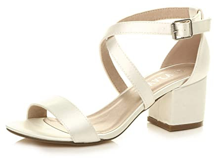 Ajvani Womens Ladies mid Low Block Heel Cross Straps Party Strappy Sandals, 7 UK, Ivory Satin